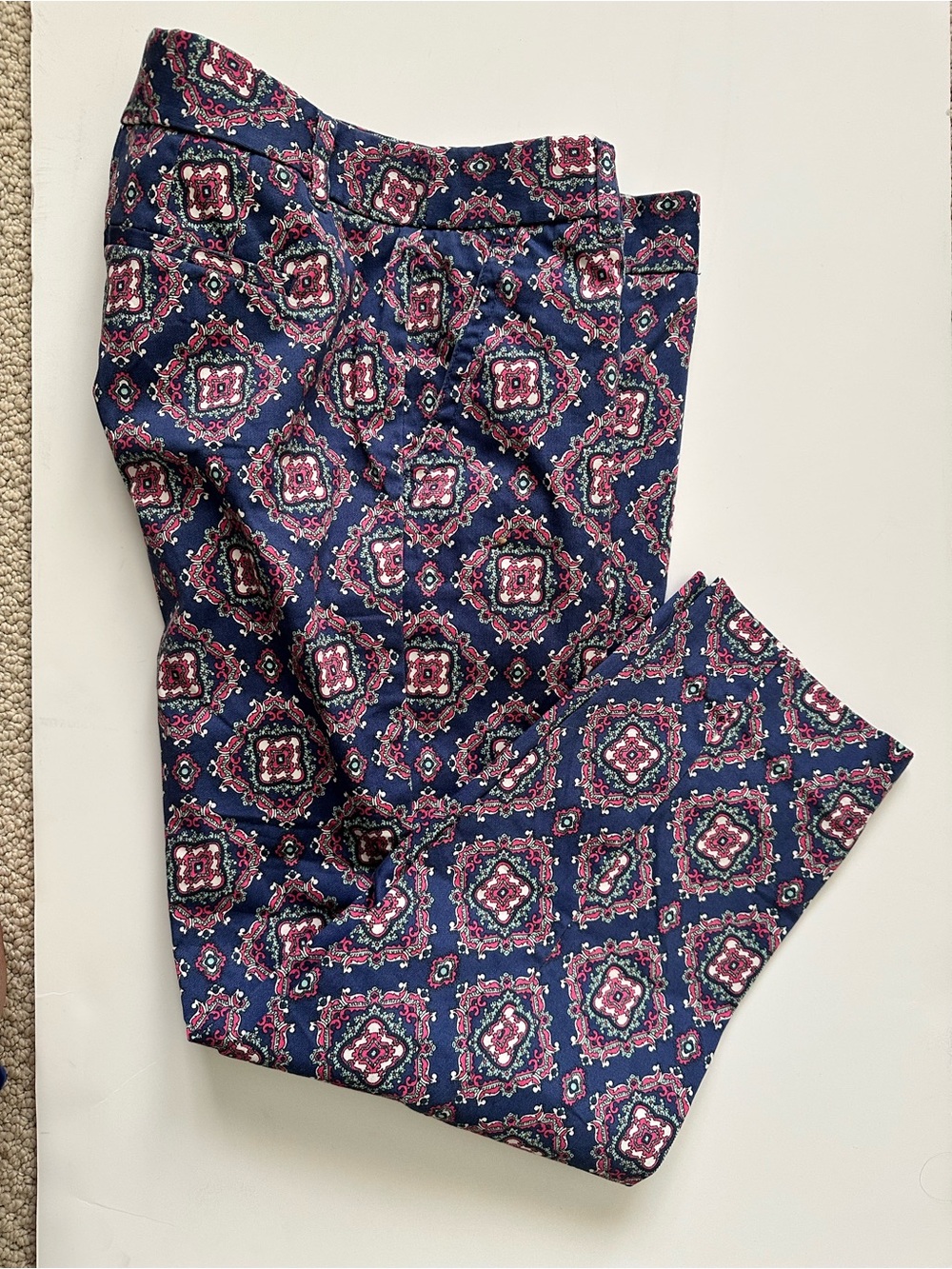 J. Crew 2000s Blue Dress Pants with Rose pink/lt. green Medallion Tile Print